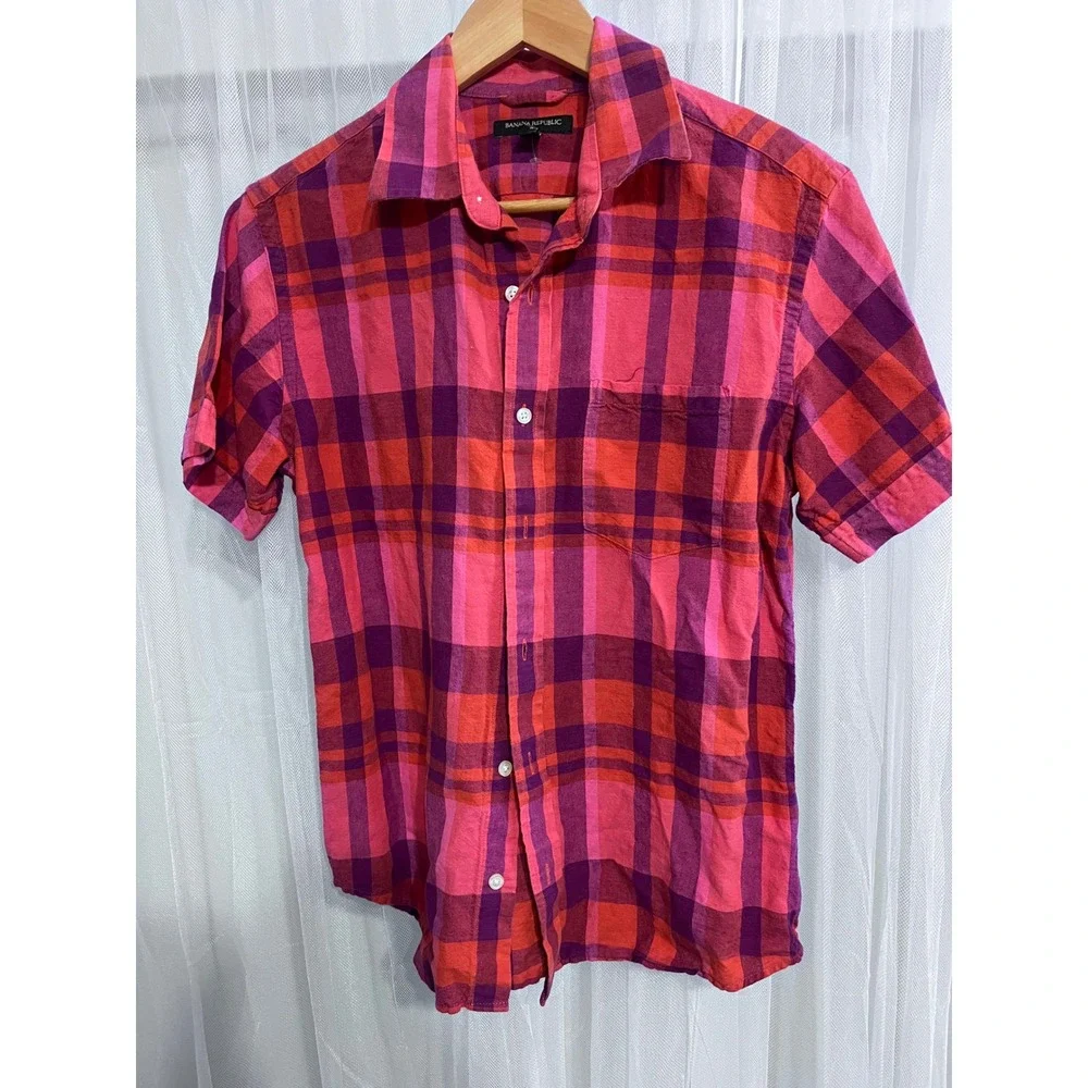 Banana Republic Mens Pink Purple Plaid Linen Short Sleeve Button Up Shirt S